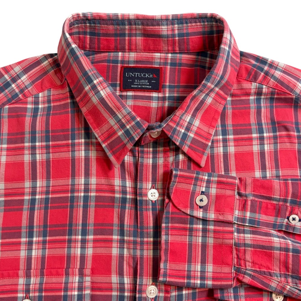 UNTUCKit Ojai Men's XL Red Blue Plaid Cotton Shirt Long Sleeve Chest Pockets